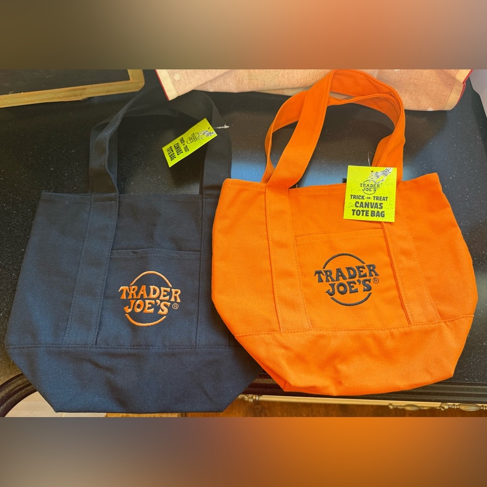 NWT Set of Two Trader Joe's Trick or Treat Canvas Tote Bags - Black & Orange